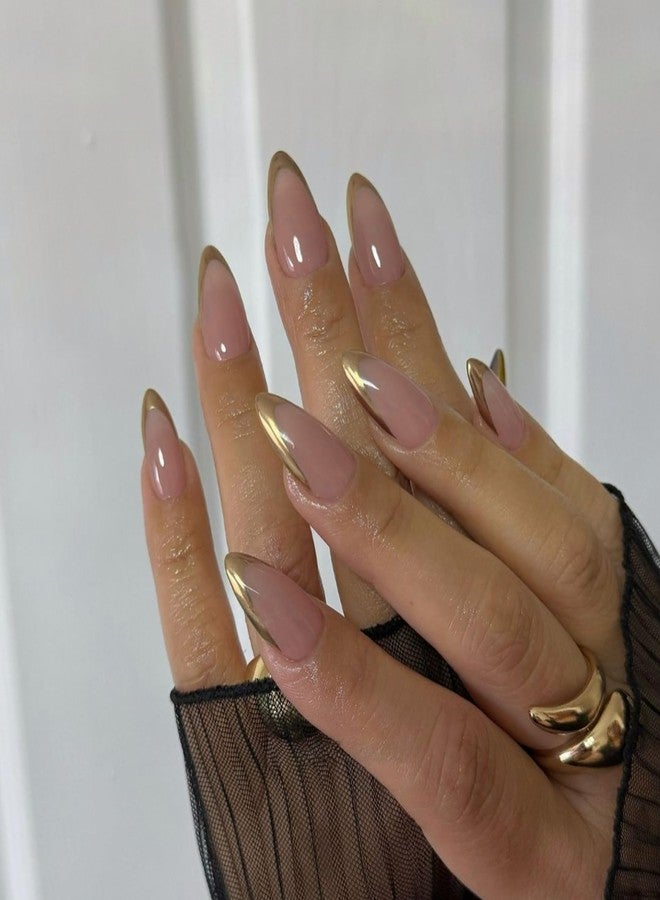 KQueenest Chrome Gold French Tip Press on Nails Short Almond, Natural Nude Fake Nails Press ons, Glazed Bling Glue on Nails Short Stiletto, Gel Stick on Nails for Women Daily Wear, 24 Pcs - Image 3